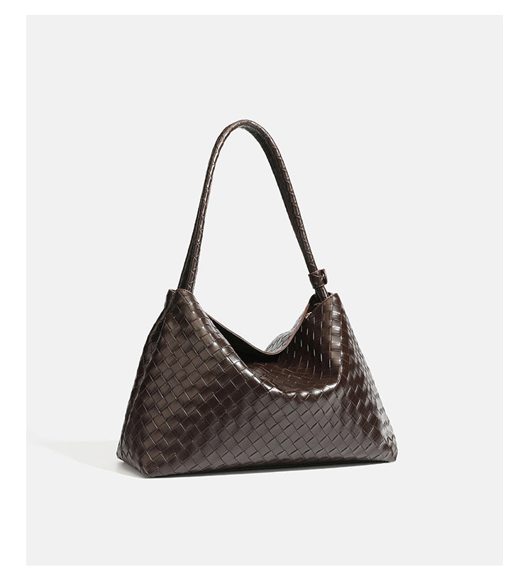 Slouchy woven leather-look hobo shoulder bag with braided strap and open top, detail view 10