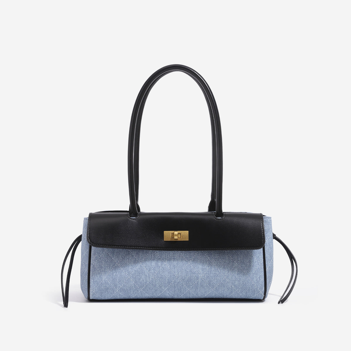 Structured diamond-quilted baguette shoulder bag with gold-tone turn-lock closure and side drawstring ties, detail view 7