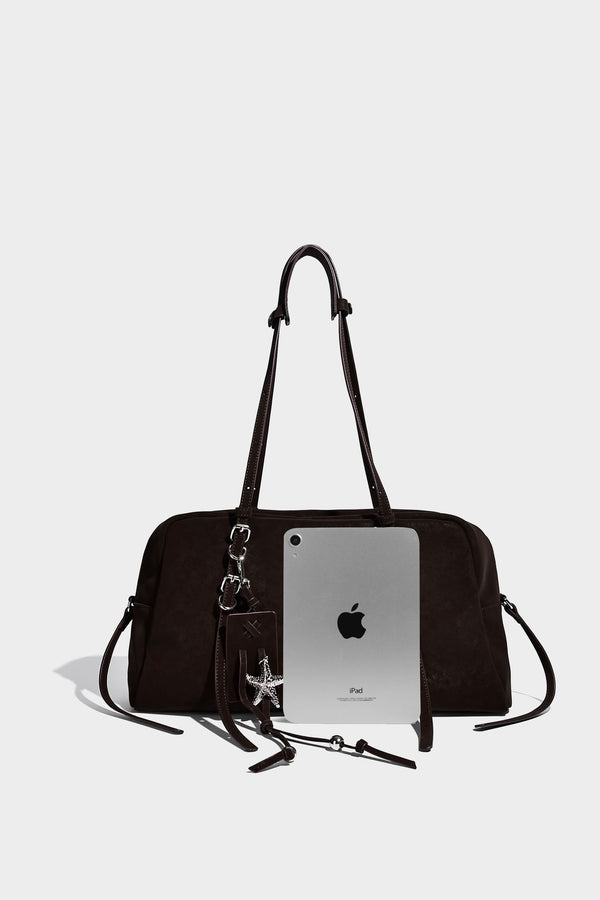 Structured rectangular matte suede-like shoulder bag with silver-tone hardware, zip closure, double top handles, and, detail