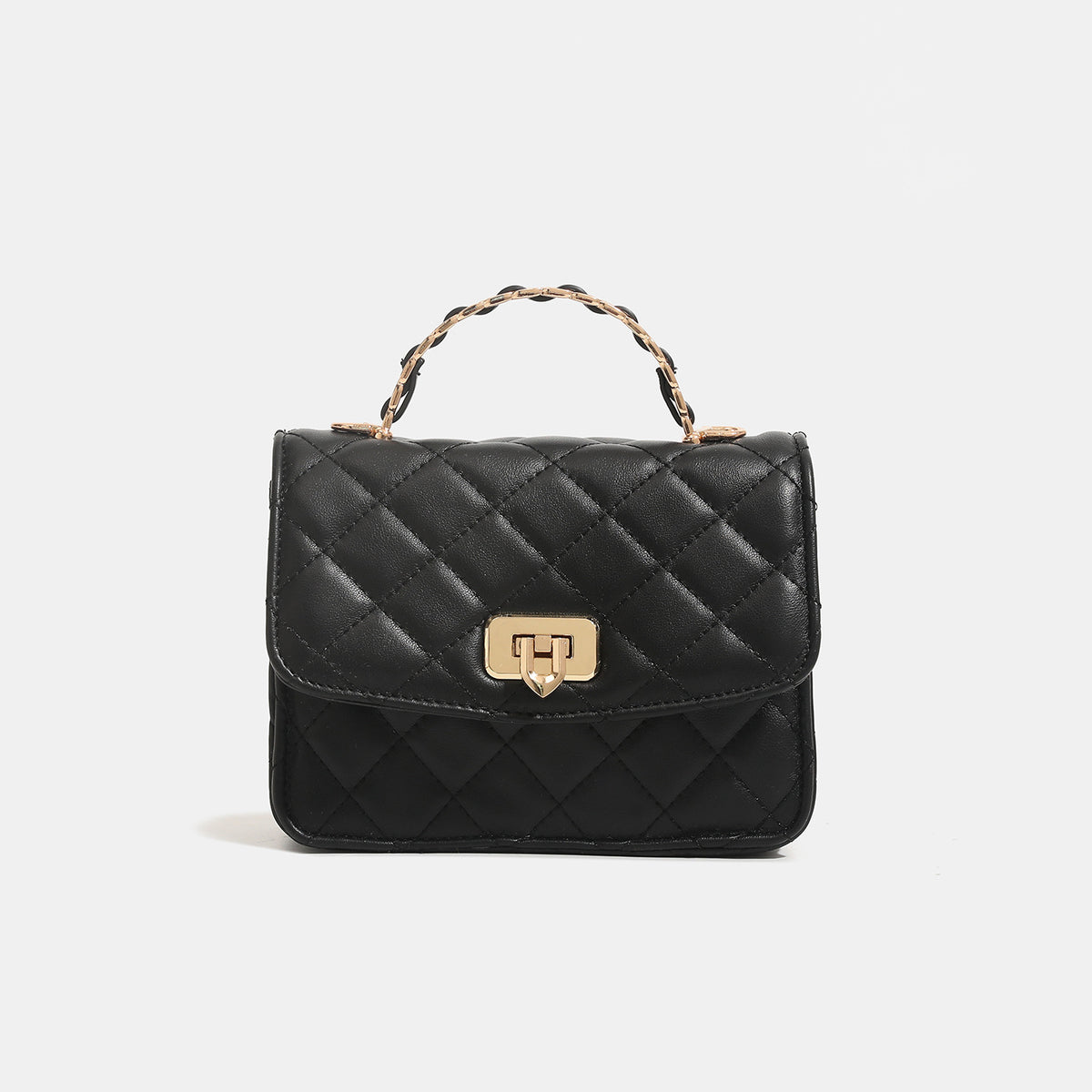 Small structured quilted flap crossbody bag with gold-tone turn-lock closure and chain strap, detail view 6
