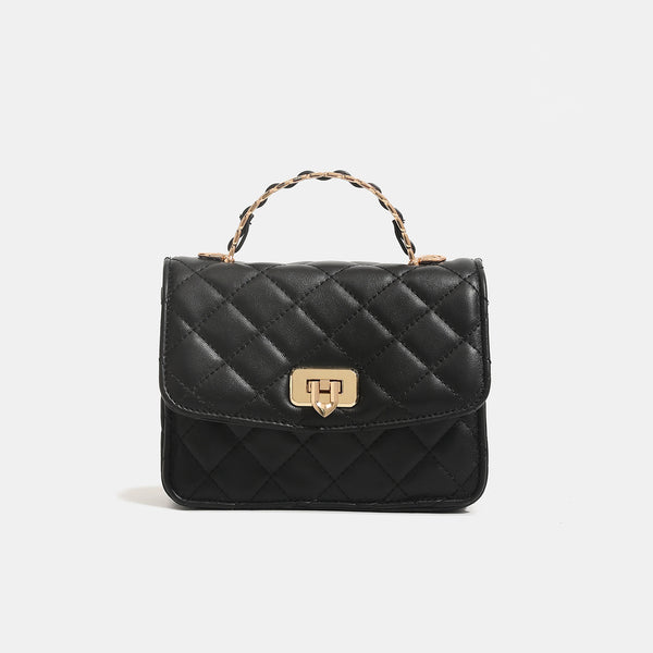Small structured quilted flap crossbody bag with gold-tone turn-lock closure and chain strap, detail view 6