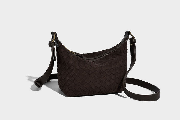 Small woven-texture crescent hobo bag in dark chocolate brown with top zip closure, gold-tone hardware, and adjustable
