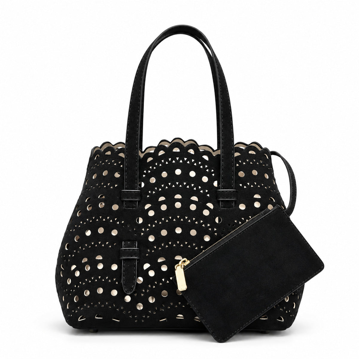 Structured scalloped perforated tote bag with matte suede-look finish and detachable zip pouch, detail view 9