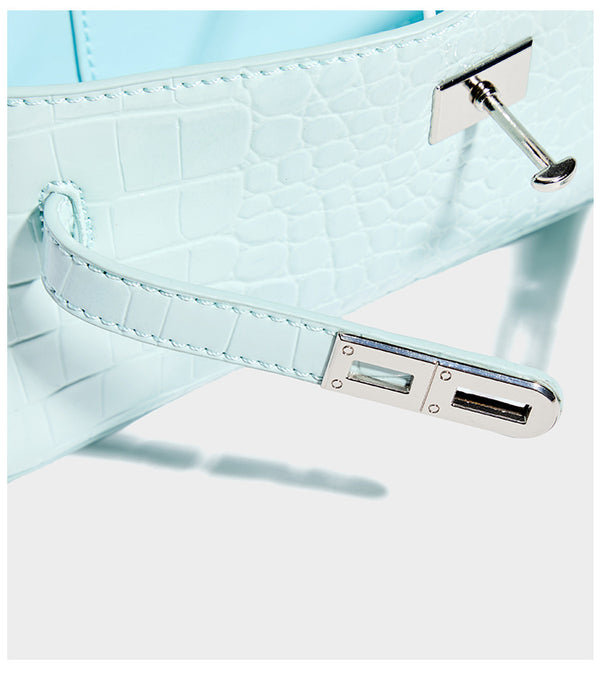 Compact structured flap satchel with glossy crocodile-embossed leather-look finish, silver-tone turn-lock hardware, and