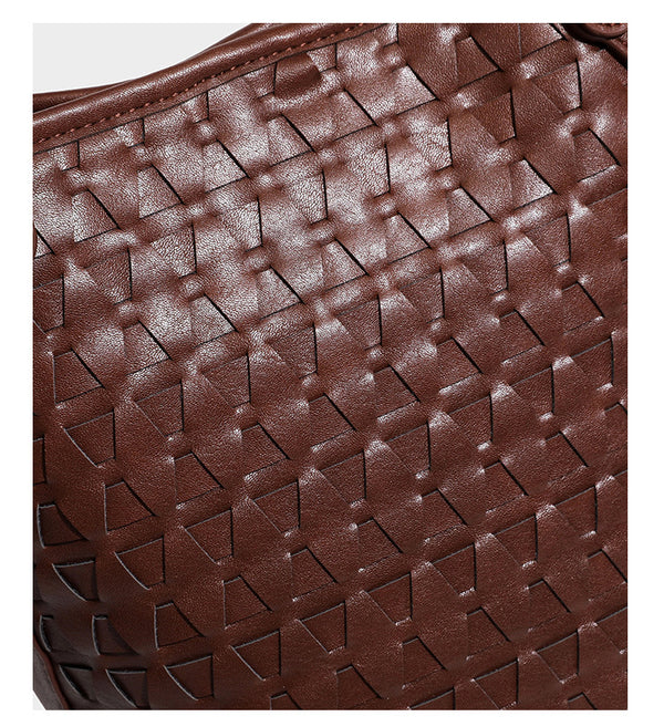 Brown embossed geometric woven leather-look bucket tote bag with dual shoulder straps, side snap hardware, and a round