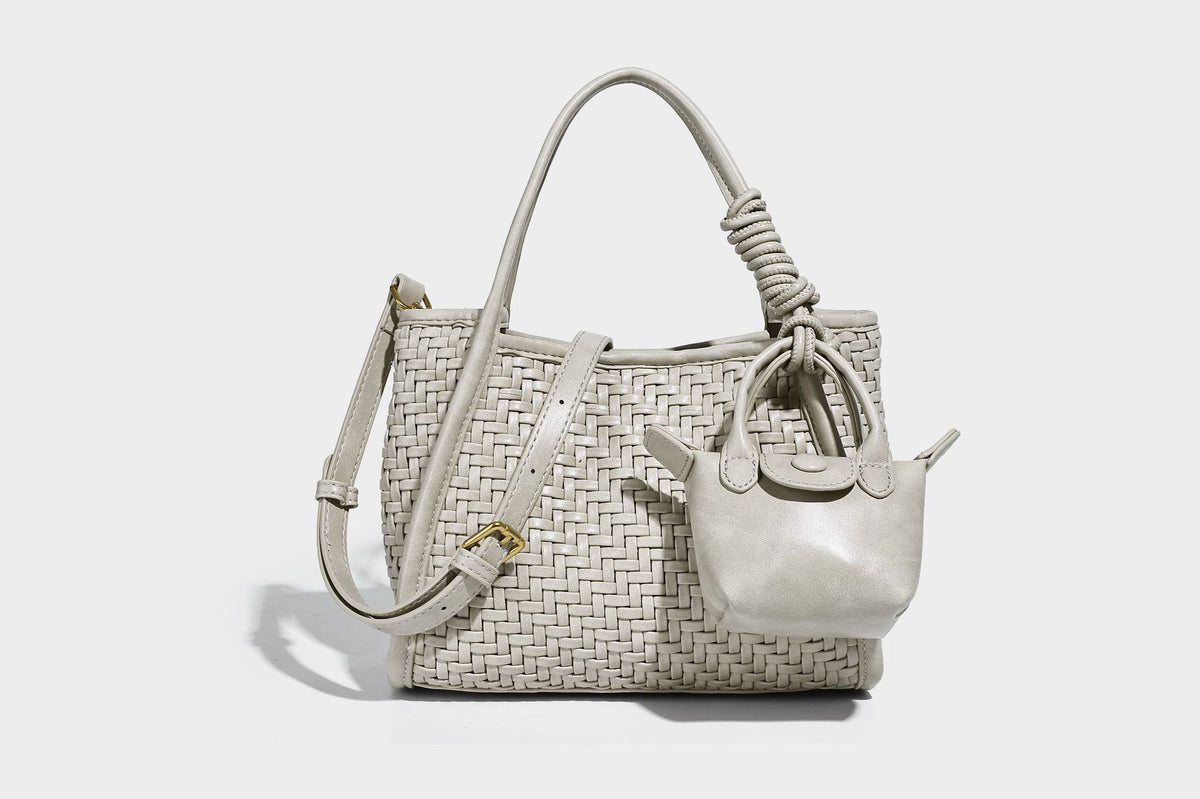 Woven texture open-top tote bag with smooth trim top handles and attached mini drawstring pouch in dark brown, detail view 27