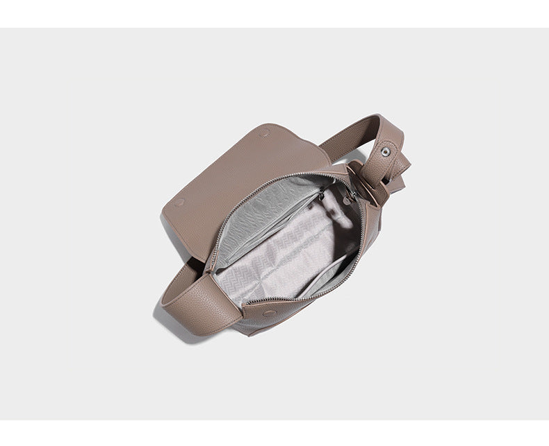 Structured curved-flap pebbled PU shoulder bag with sculptural loop strap detail, detail view 10