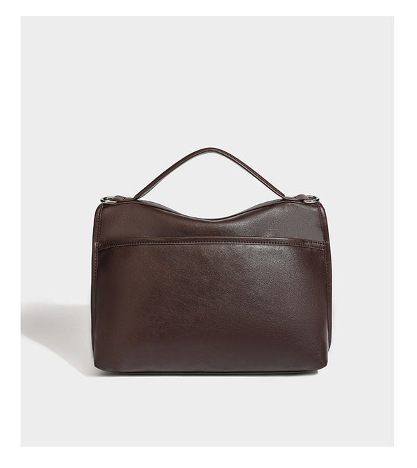Structured rectangular satchel bag in dark espresso brown with smooth leather-look finish, flap front with silver turn-lock
