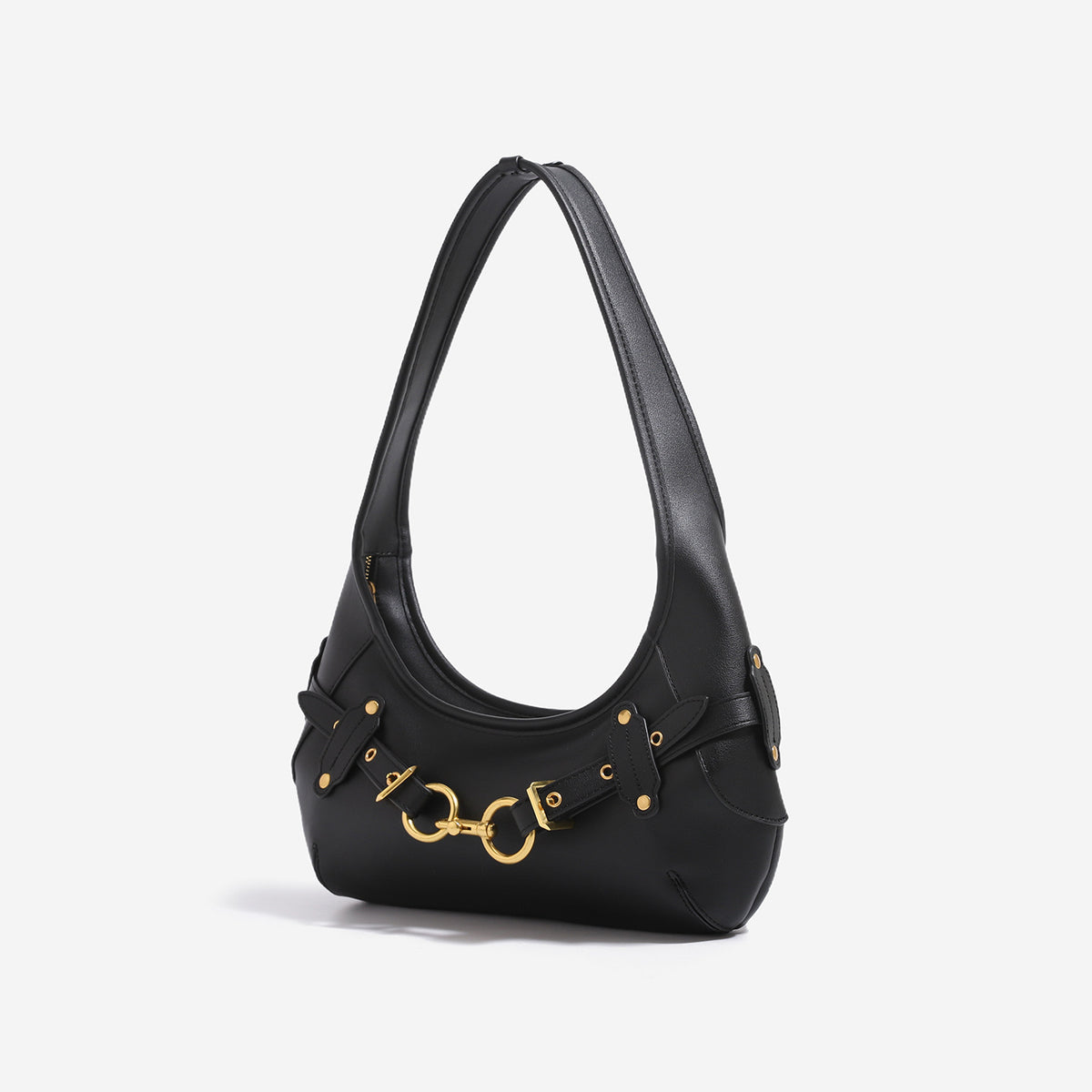 Sichelförmige Hobo-Schultertasche mit goldfarbenen Ring- und Schnallenbeschlägen, Detailansicht 3