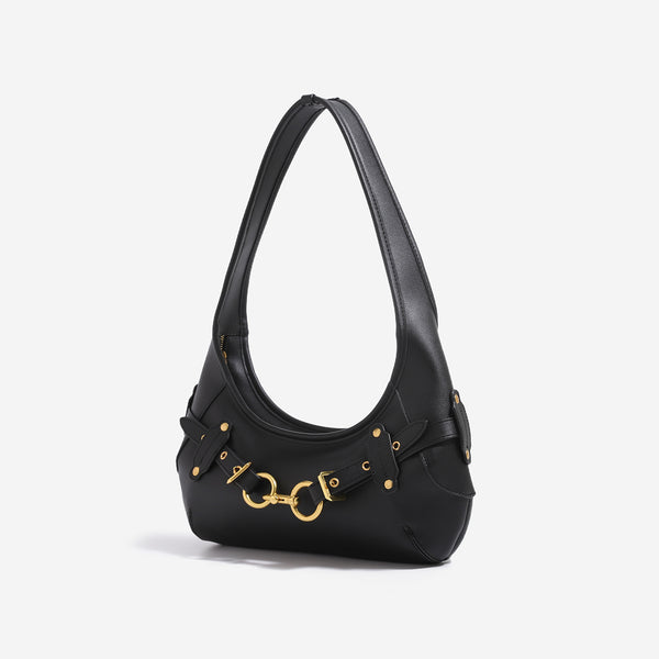 Sichelförmige Hobo-Schultertasche mit goldfarbenen Ring- und Schnallenbeschlägen, Detailansicht 3