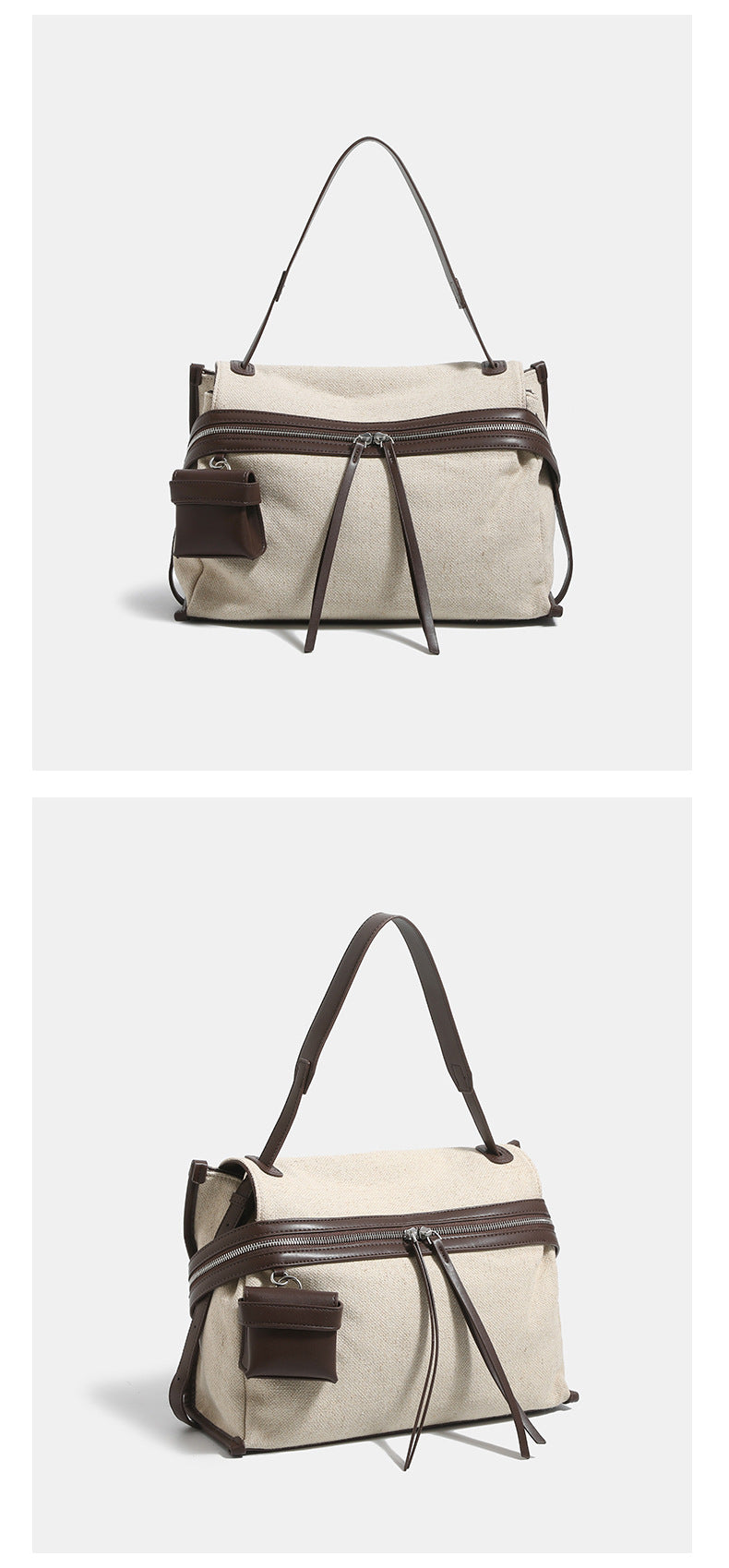 Off-white woven cotton-linen shoulder bag with brown leather-look trim, dual zip closure, long zipper pulls, front exterior