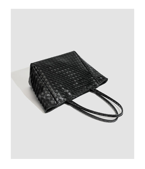 Large structured black woven diamond-pattern tote bag with braided double shoulder straps and glossy leather-look finish