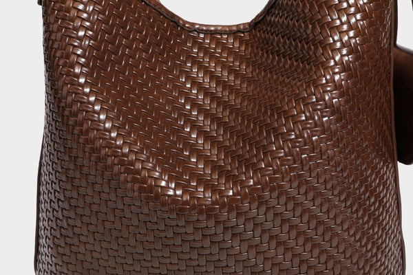 Woven-look slouchy hobo shoulder bag in brown with attached mini pouch and gold-tone hardware, detail view 31