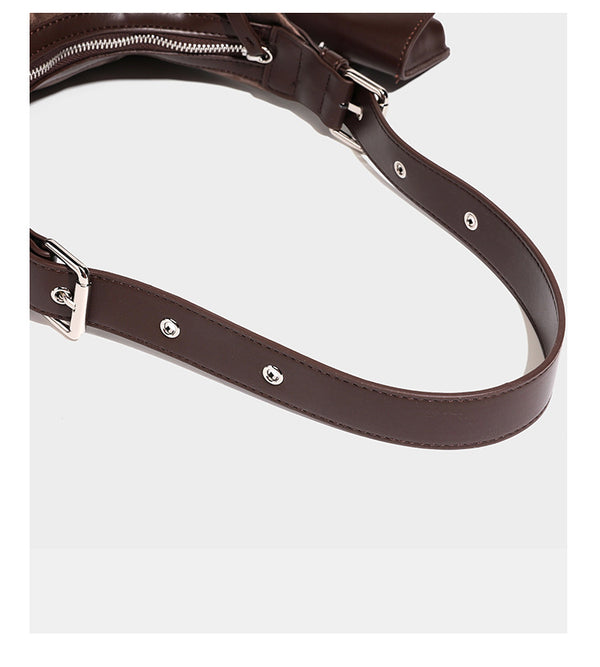Crescent-Hobo-Schultertasche mit braunem Leopardenmuster, silbernen Nieten, Ösenbesatz, verstellbarem Riemen und abnehmbarem Mini