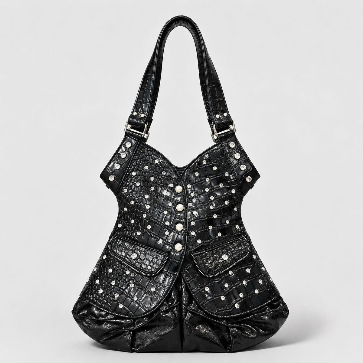 Corset-silhouette leopard-print shoulder bag with crystal and pearl-look stud hardware, front zip flap pockets, and, detail
