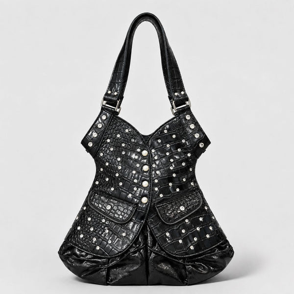 Corset-silhouette leopard-print shoulder bag with crystal and pearl-look stud hardware, front zip flap pockets, and, detail