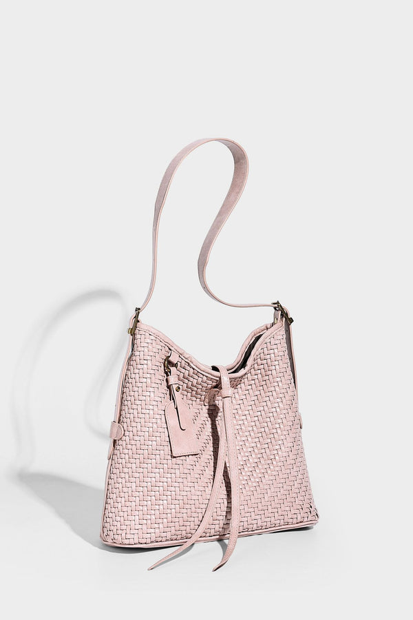 Slouchy woven-texture bucket shoulder bag with tassel tie closure and gold-tone hardware, detail view 21
