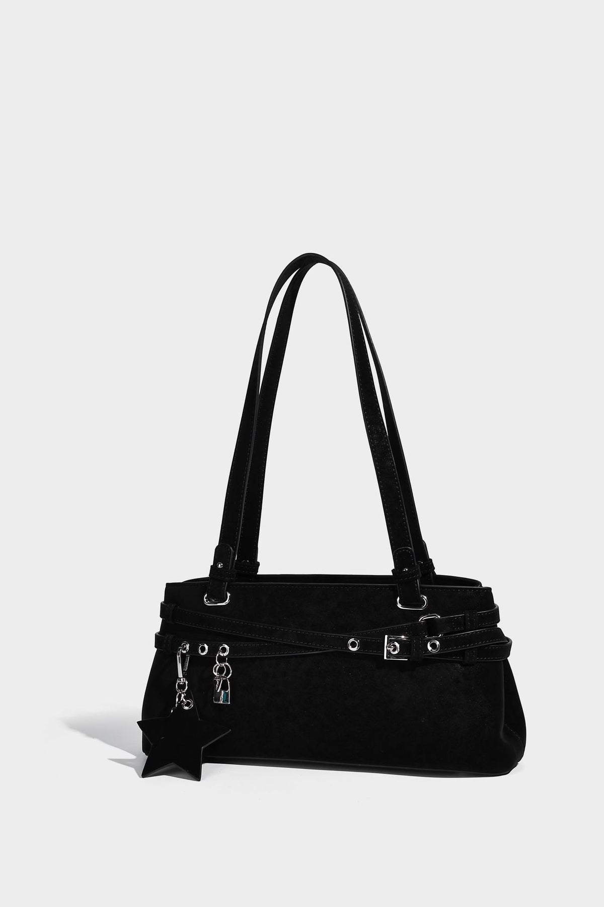 Structured trapezoid shoulder tote in dark brown matte suede-look finish with dual straps, wraparound belt bands