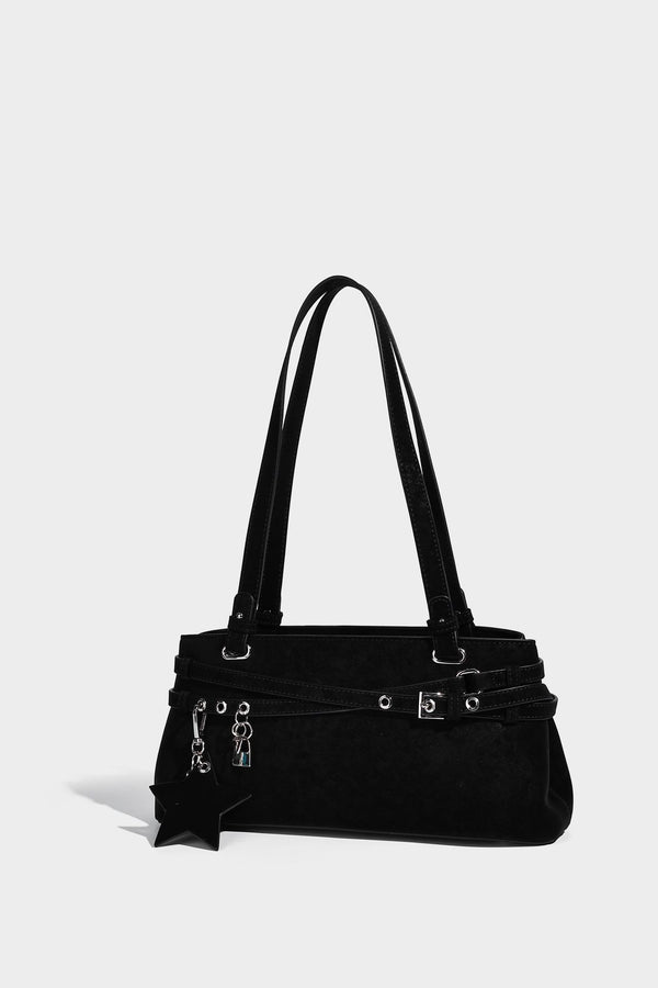 Structured trapezoid shoulder tote in dark brown matte suede-look finish with dual straps, wraparound belt bands