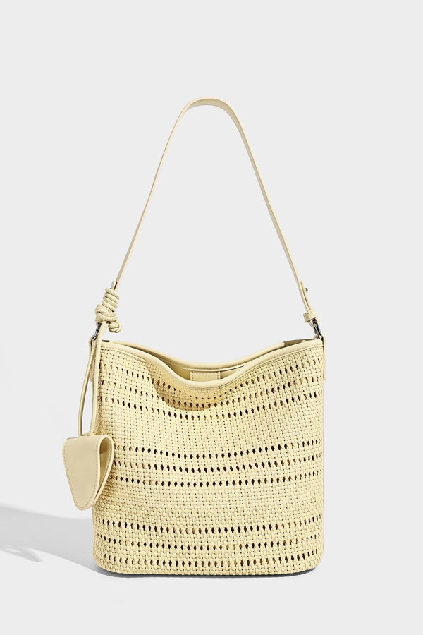 Handwoven open-weave shoulder bag with leather-look trim, knotted adjustable strap, and clip-on sunglasses sleeve pouch