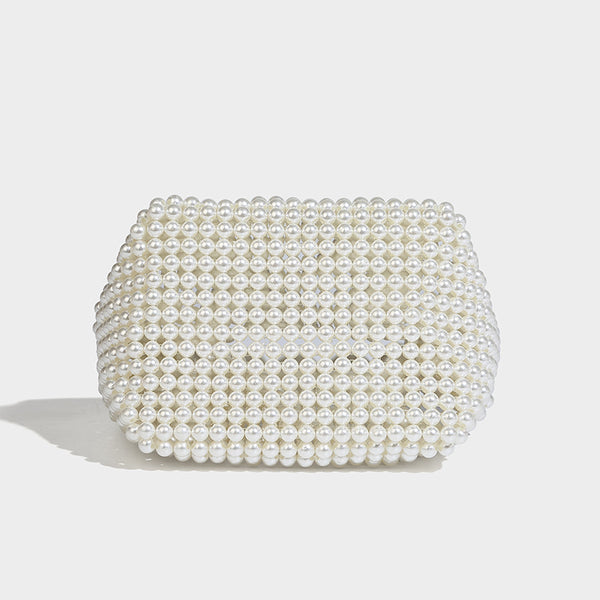 Kleine formstabile Mini-Henkeltasche mit Kunstperlenbesatz, übergroßem Perlenbogenhenkel und abnehmbarem Perlen-Crossbody-Riemen