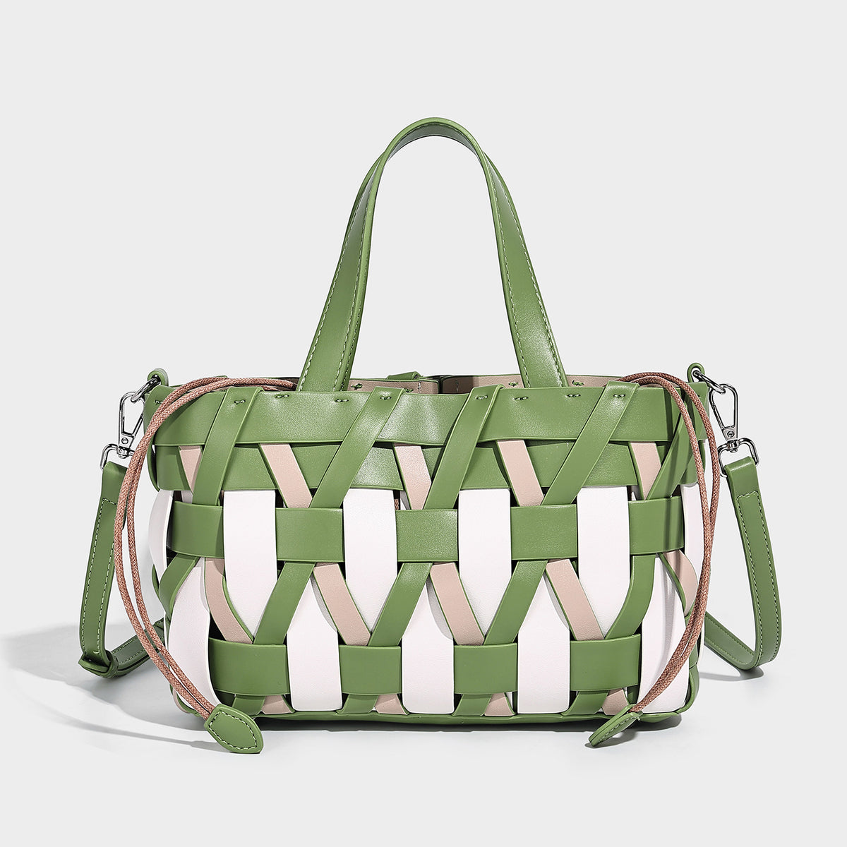 Small structured woven lattice tote bag with dual top handles and detachable shoulder strap in brown and cream leather-look