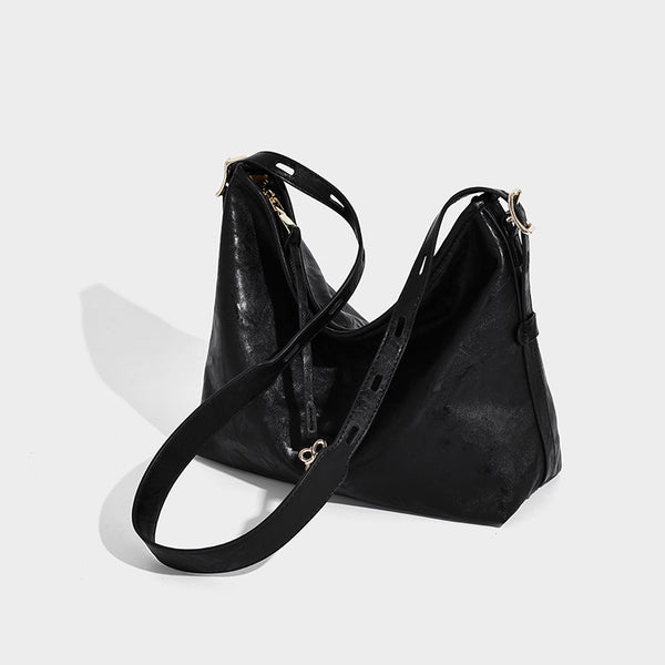 Slouchy leather-look hobo shoulder bag with gold-tone hardware and adjustable strap in brown, detail view 19