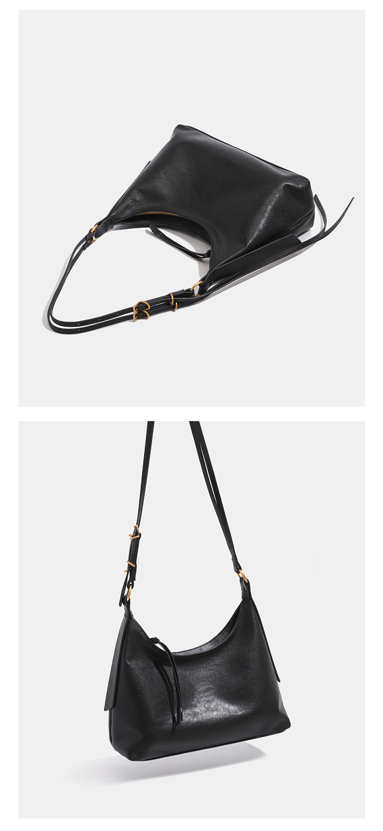 Slouchy hobo shoulder bag in smooth leather-look finish with gold-tone hardware and adjustable strap, detail view 12