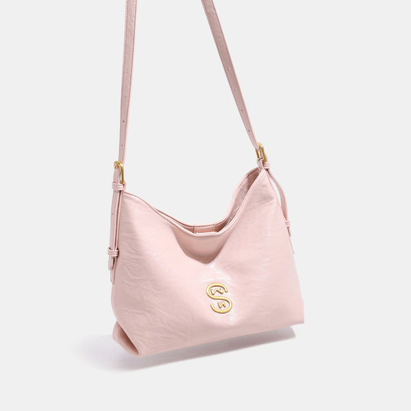 Slouchy hobo shoulder bag in crinkled gloss leather-look with gold-tone hardware and adjustable strap, detail view 3