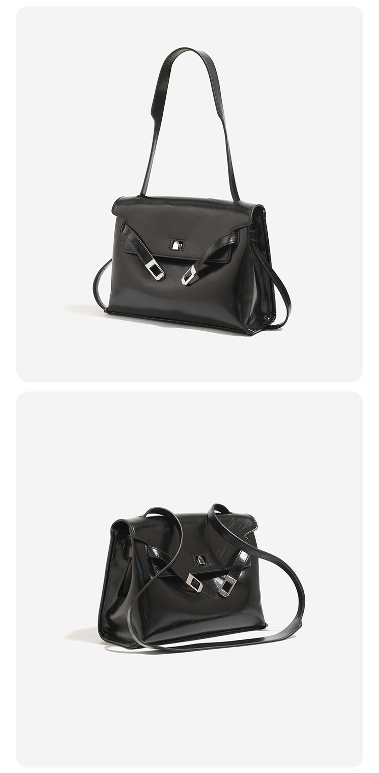 Structured retro flap satchel bag with turn-lock closure, adjustable shoulder strap, and silver-tone hardware, detail view 9