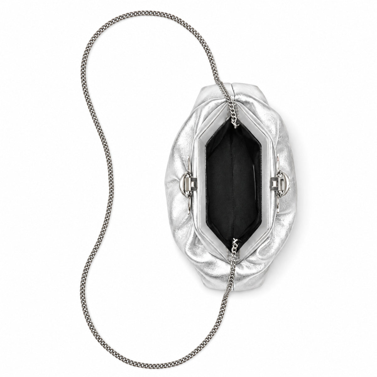 Gathered pouch clutch bag in metallic silver with polished silver-tone frame clasp and fine chain strap, detail view 18
