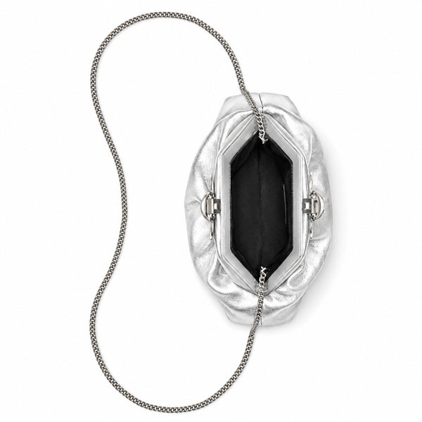 Gathered pouch clutch bag in metallic silver with polished silver-tone frame clasp and fine chain strap, detail view 18