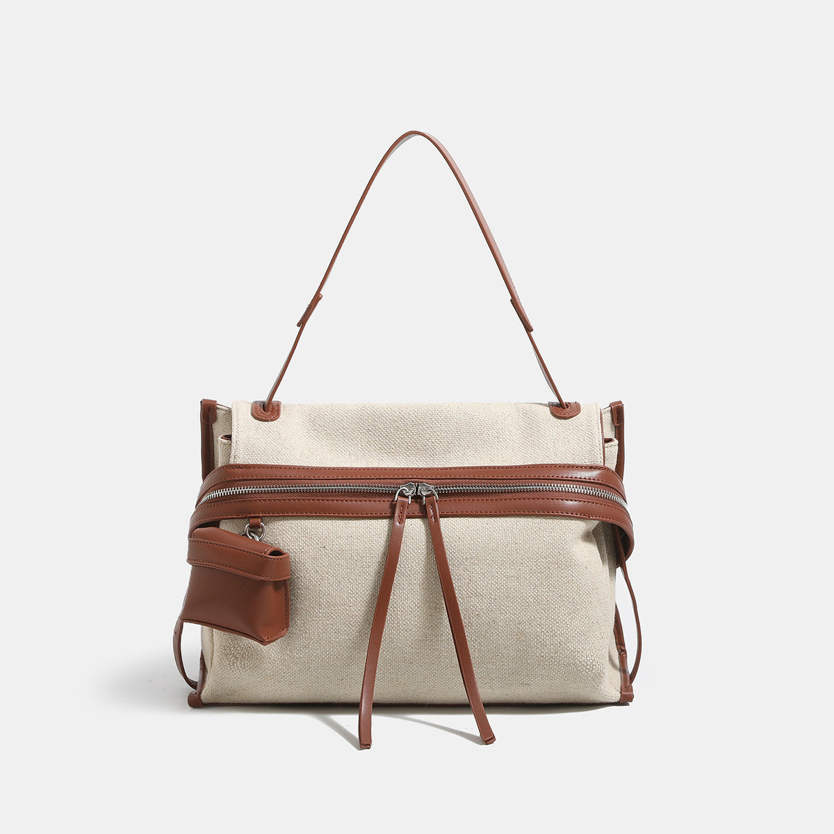 Off-white woven cotton-linen shoulder bag with brown leather-look trim, dual zip closure, long zipper pulls, front exterior