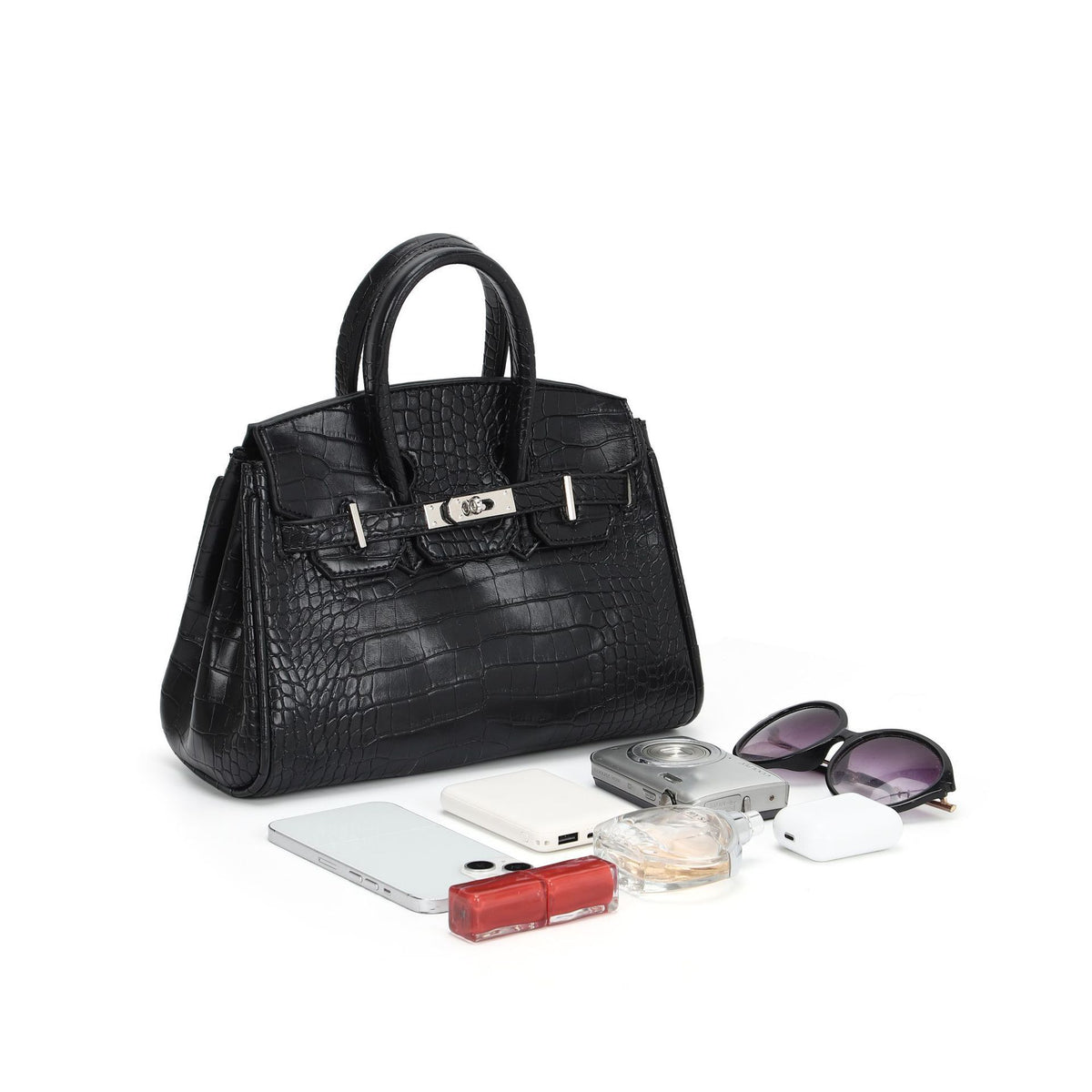 Croc-embossed structured trapezoid satchel with silver turn-lock hardware, rounded top handles, and detachable shoulder