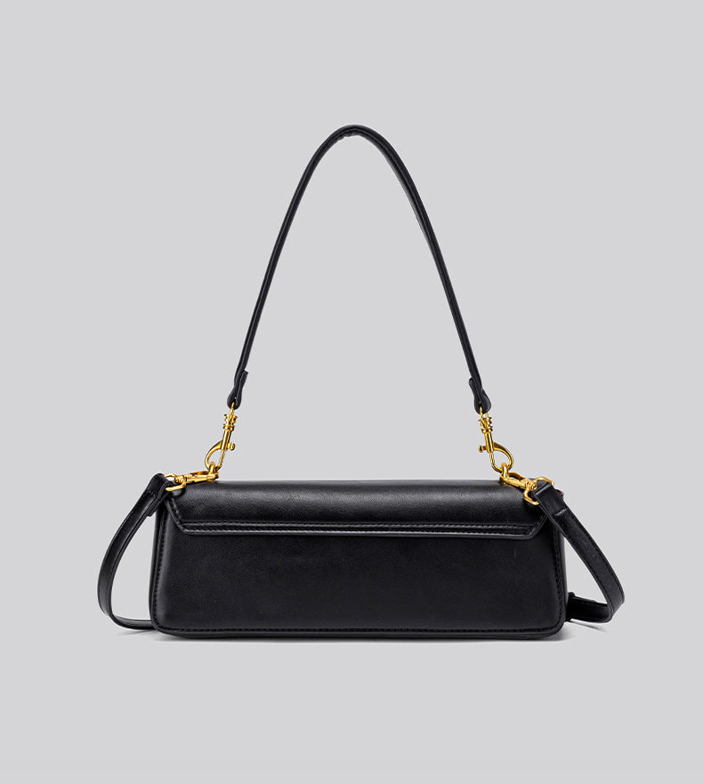 Structured rectangular flap bag with gold-tone circular turn-lock closure and detachable crossbody strap, detail view 10