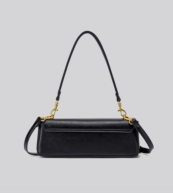 Structured rectangular flap bag with gold-tone circular turn-lock closure and detachable crossbody strap, detail view 10