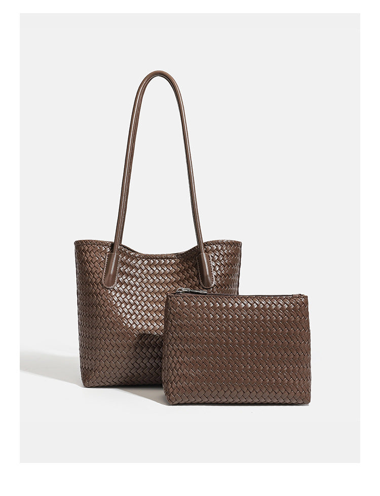 Structured woven leather-look tote bag with long shoulder straps and matching zippered pouch, detail view 12