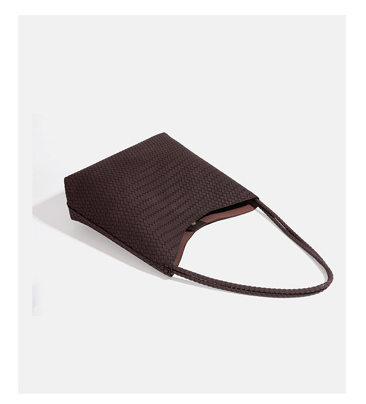 Large woven hobo shoulder bag with braided strap and matching zip pouch in dark brown, detail view 15