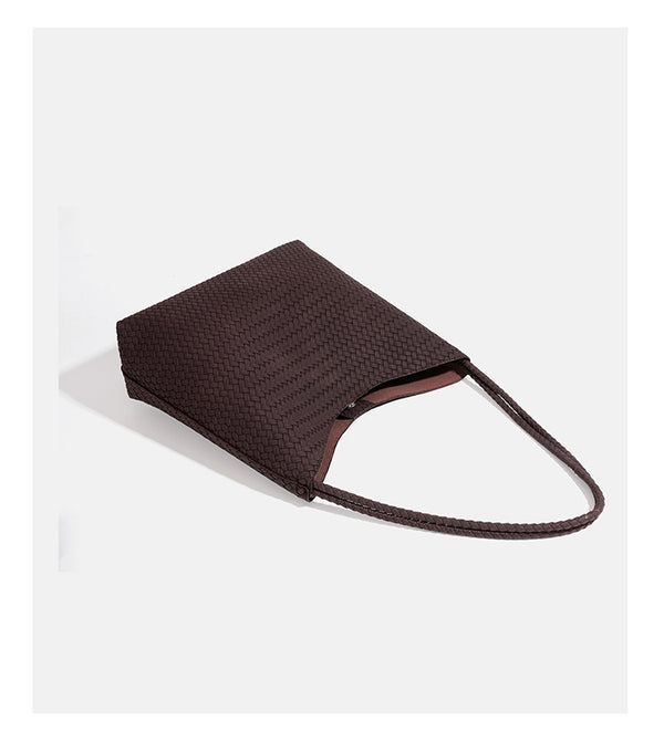 Large woven hobo shoulder bag with braided strap and matching zip pouch in dark brown, detail view 15