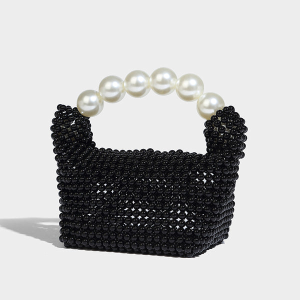 Kleine, formstabile Mini-Henkeltasche mit Kunstperlenbesatz, übergroßem bogenförmigem Perlenhenkel und abnehmbarem Perlen-Crossbody-Riemen