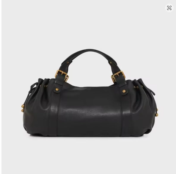 Lässige Barrel-Shopper-Tasche mit seitlichen Zugbändern, zwei Tragegriffen und goldfarbenen Schnallenbeschlägen, Detailansicht 8