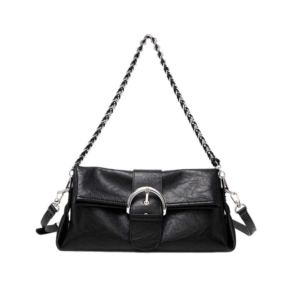Schwarze strukturierte Mini-Schultertasche in quadratischer Form mit übergroßer Klappenschließe, Kettenriemen und passendem Reißverschlusstäschchen aus glattem genarbtem
