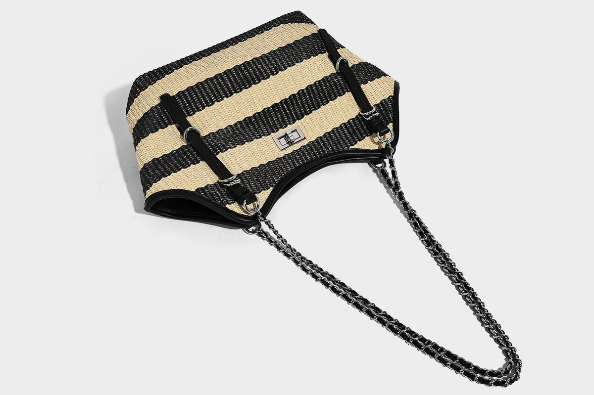 Black and natural striped woven tote bag with chain shoulder strap and silver-tone turn-lock hardware, detail view 20