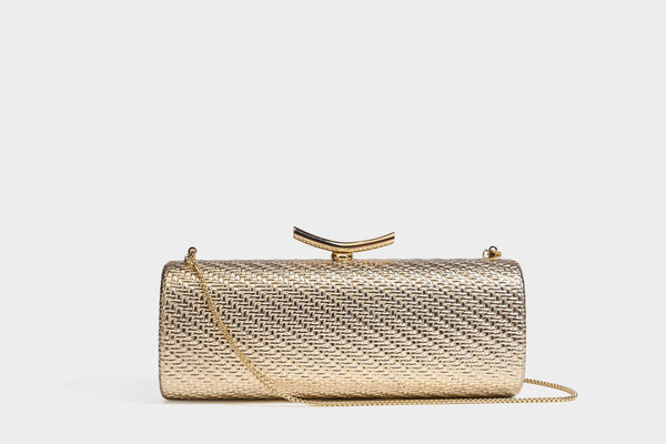 Strukturierte metallische Abend-Clutch mit gewebter Optik, geschwungenem goldfarbenem Kiss-Lock-Verschluss und abnehmbarem schmalem goldfarbenem Kettenriemen