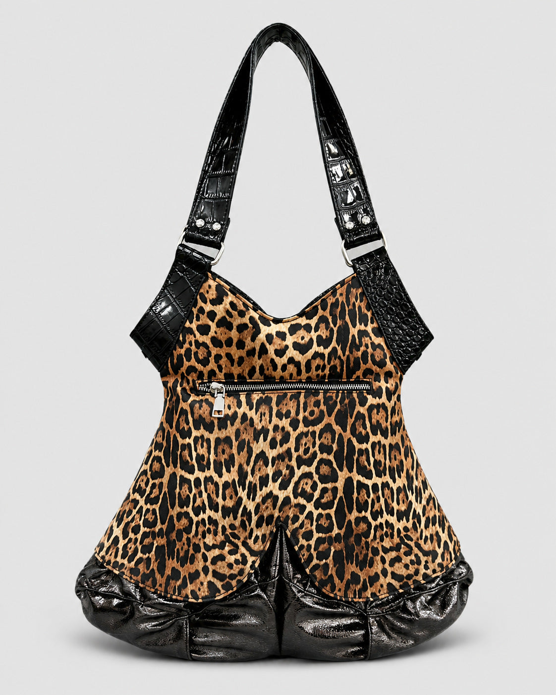 Corset-silhouette leopard-print shoulder bag with crystal and pearl-look stud hardware, front zip flap pockets, and, detail