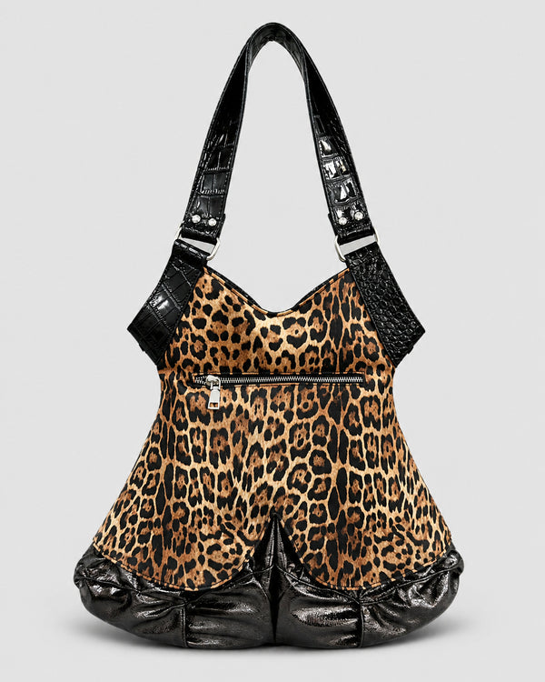 Corset-silhouette leopard-print shoulder bag with crystal and pearl-look stud hardware, front zip flap pockets, and, detail