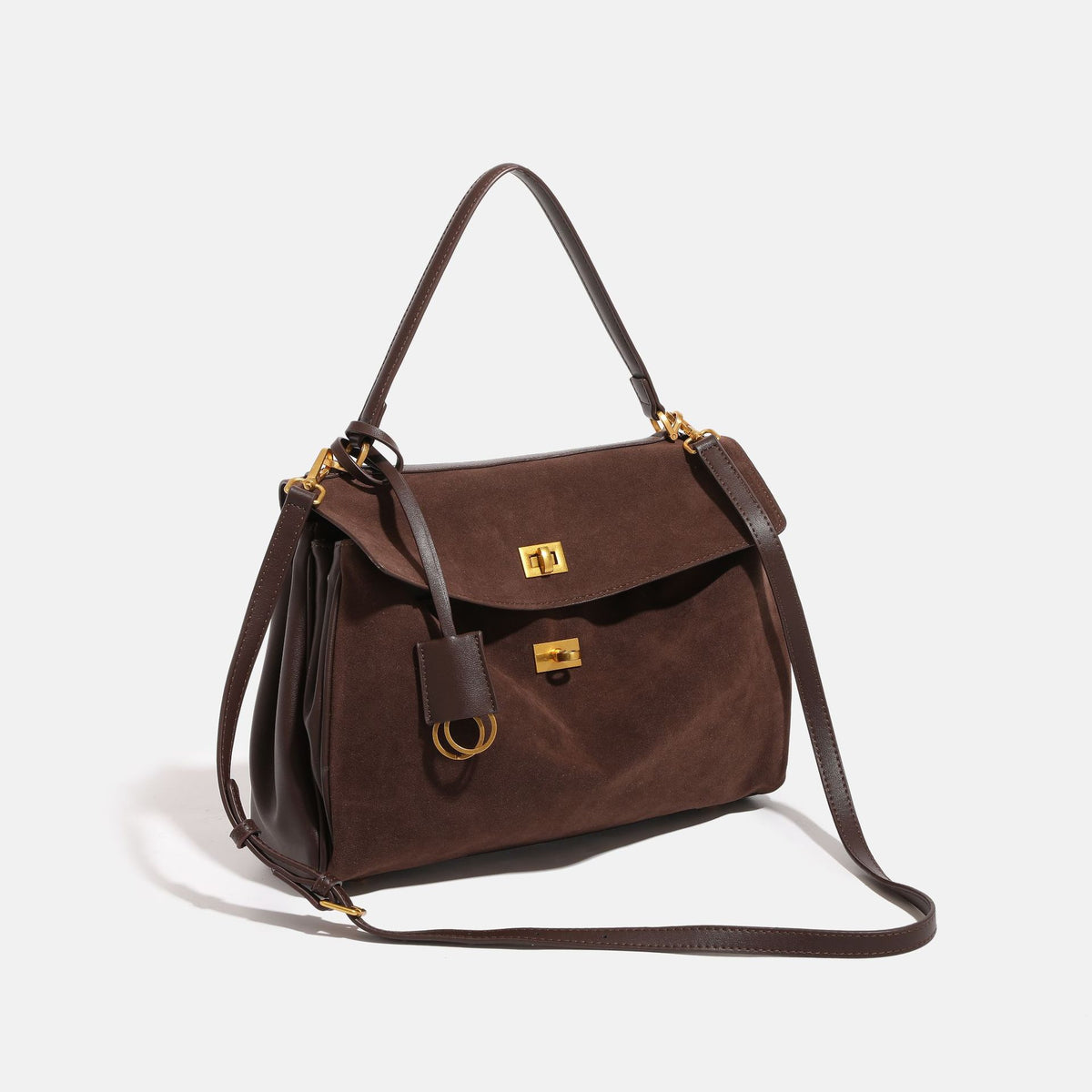 Brown suede-finish structured satchel tote bag with gold-tone turn-lock closure, top handle, and detachable shoulder strap