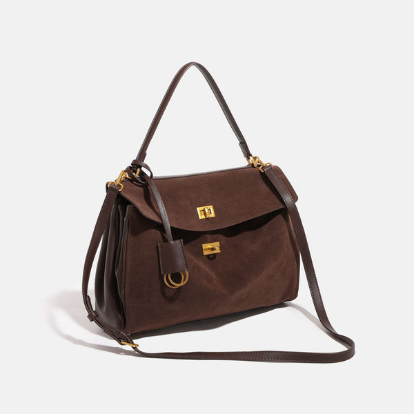 Strukturierte Henkeltasche im Satchel-Stil mit Wildlederoptik in Braun, goldfarbenem Drehverschluss, Tragegriff und abnehmbarem Schulterriemen