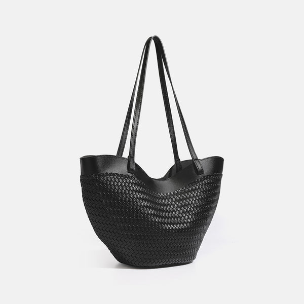 Große schwarze gewebte Tote-Bag mit glatten Besätzen in Lederoptik, langen doppelten Schulterriemen und geschwungener Silhouette, Detailansicht 3
