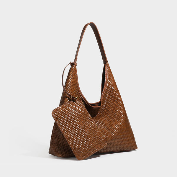 Slouchy woven leather-look hobo tote bag in brown with detachable zip pouch and gold-tone hardware, detail view 3
